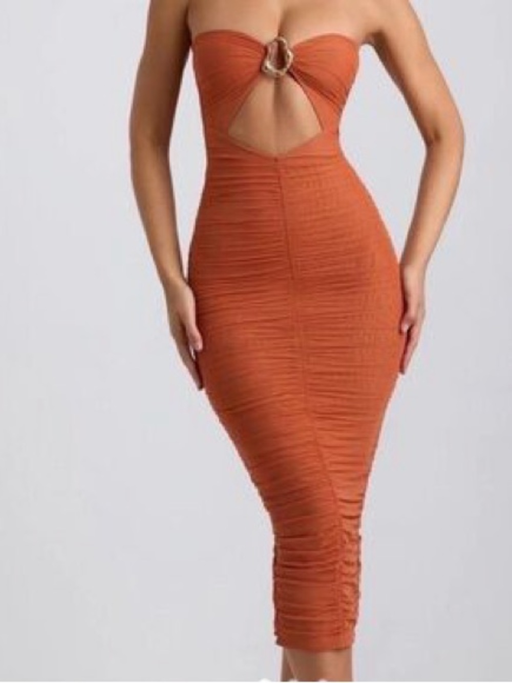 Oh Polly Strapless Rust Cutout Bodycon Dress with Gold Accent